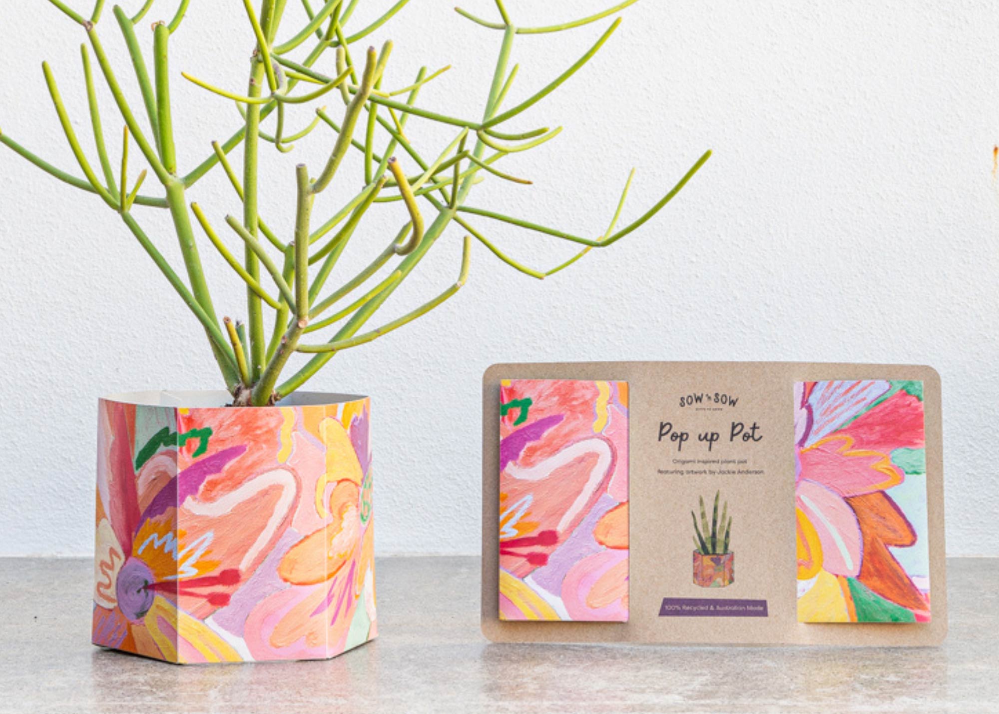 A foldable plant pot featuring artwork